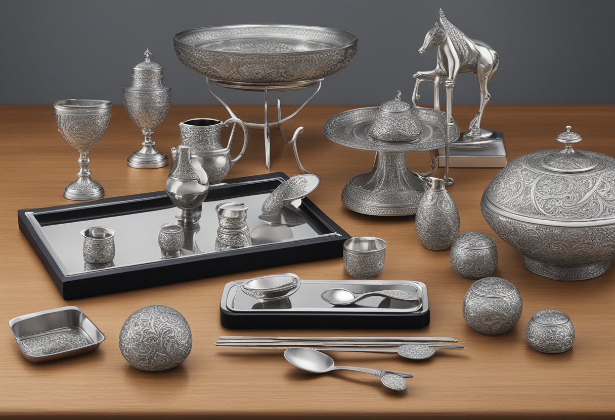 A display of elegant pewter corporate gifts, including intricate figurines and sleek desk accessories, arranged on a polished wooden table