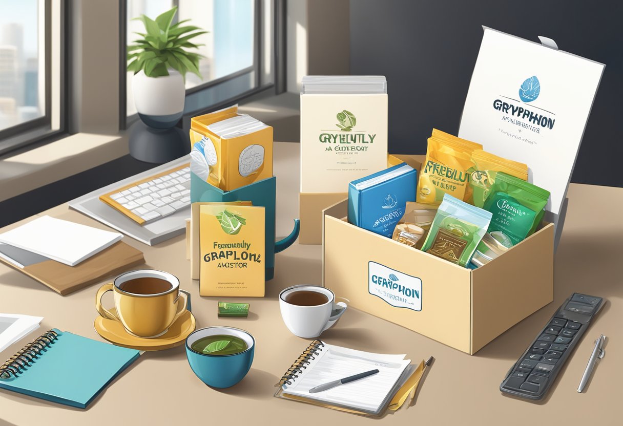 A gryphon tea gift box surrounded by various corporate items and a sign reading "Frequently Asked Questions" in a modern office setting