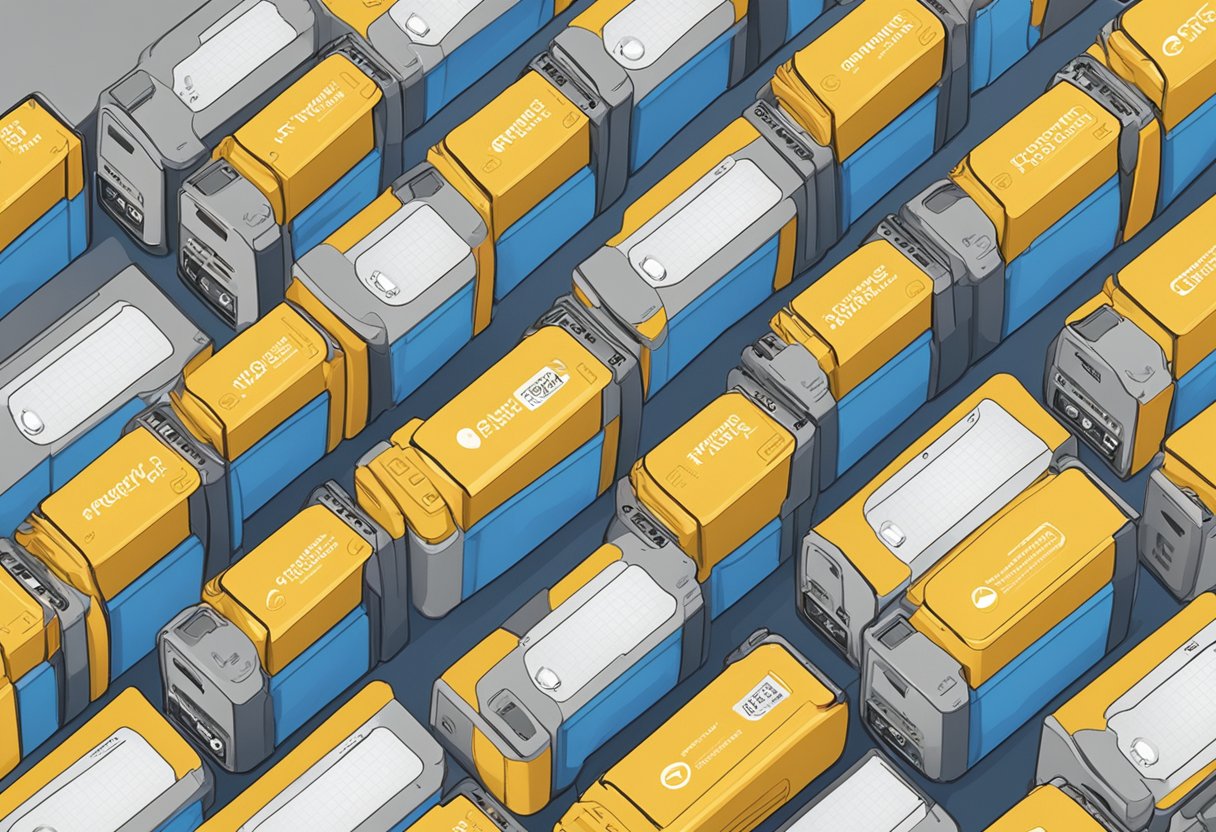 A stack of portable chargers labeled "Frequently Asked Questions" in a warehouse, ready for bulk order