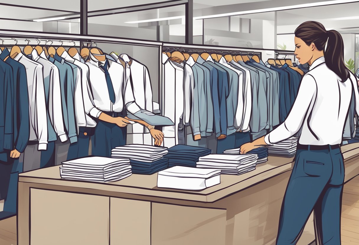 A group of employees selecting and customizing corporate shirts at a clothing store