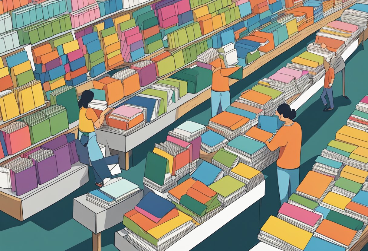 A bustling market stall displays rows of affordable notebooks in various sizes and colors. Customers browse the selection, while a vendor arranges new stock