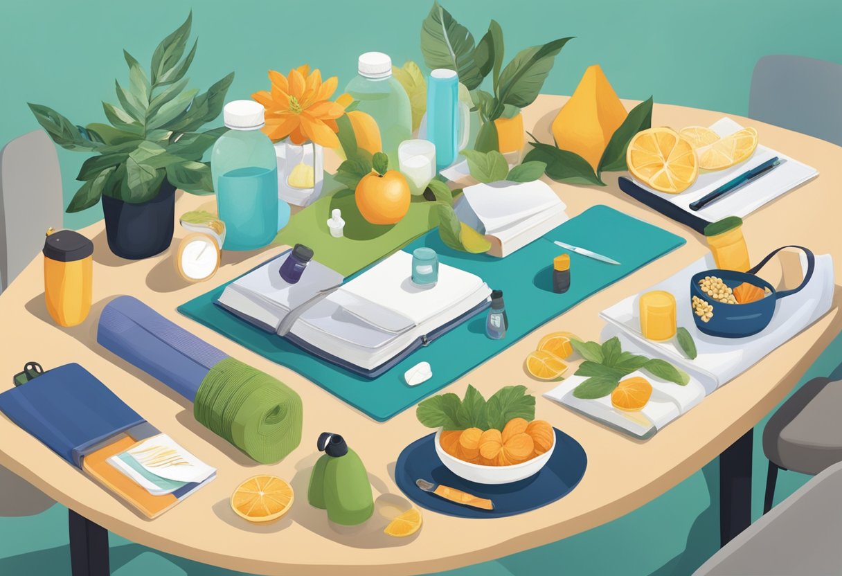 A table adorned with a variety of corporate wellness gifts, including yoga mats, water bottles, healthy snacks, and stress-relief items