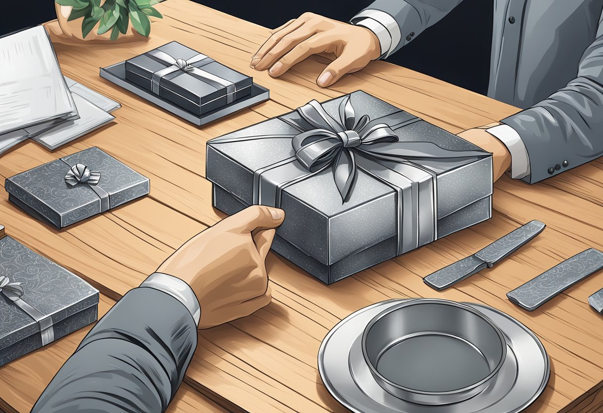A hand reaches for a shining pewter gift box on a polished wooden table, surrounded by elegant corporate gift options