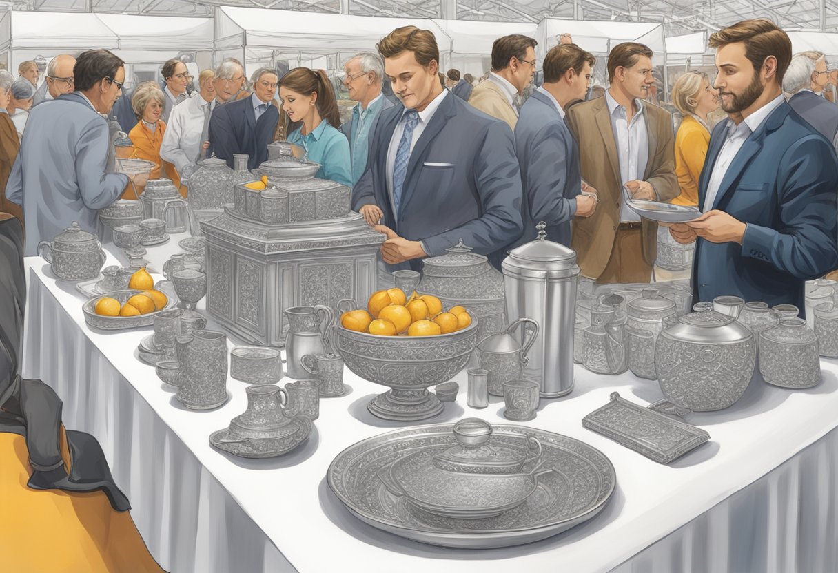 A table adorned with elegant pewter corporate gifts, surrounded by curious onlookers at a bustling trade show