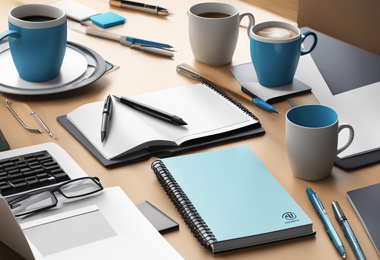 A table with branded corporate gifts: pens, notebooks, and mugs. A logo displayed prominently. Professional setting with office decor