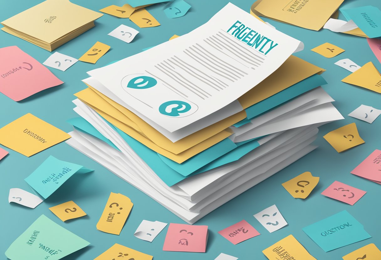 A stack of paper with "Frequently Asked Questions" printed on top, surrounded by floating question marks