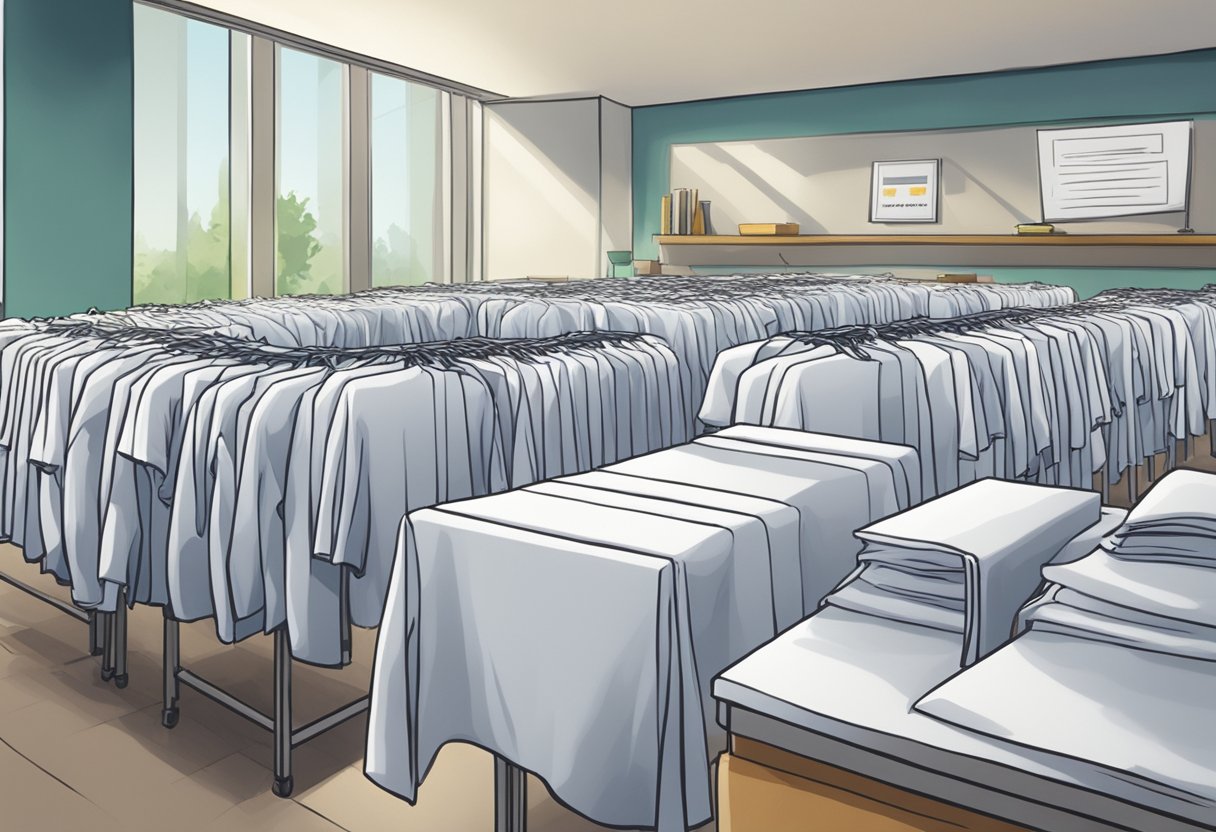 A table with neatly folded corporate shirts, a sign reading "Frequently Asked Questions" in the background