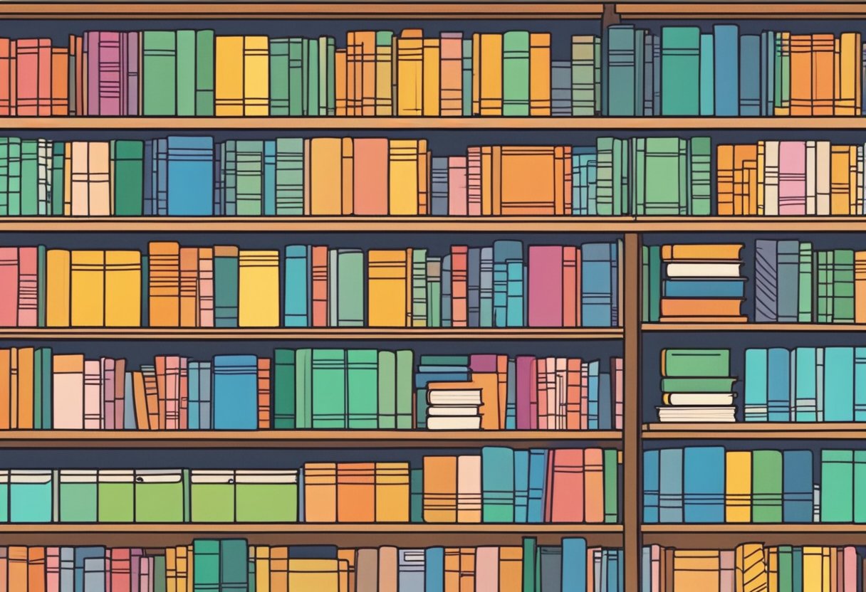 A colorful array of affordable notebooks lines the shelves of a cozy bookstore, with bright signage advertising budget-friendly prices