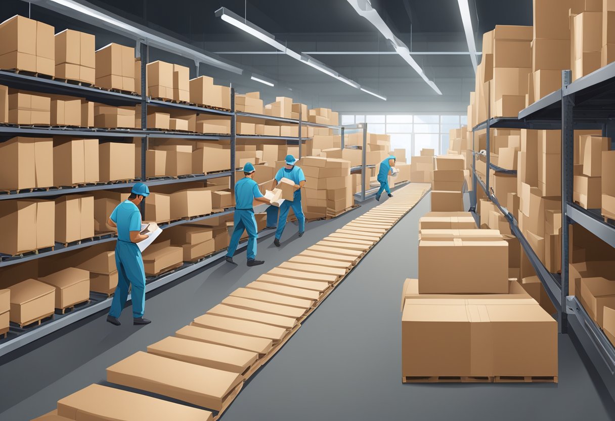 A warehouse filled with stacks of paper bags, a conveyor belt in motion, and workers packaging and labeling the bags