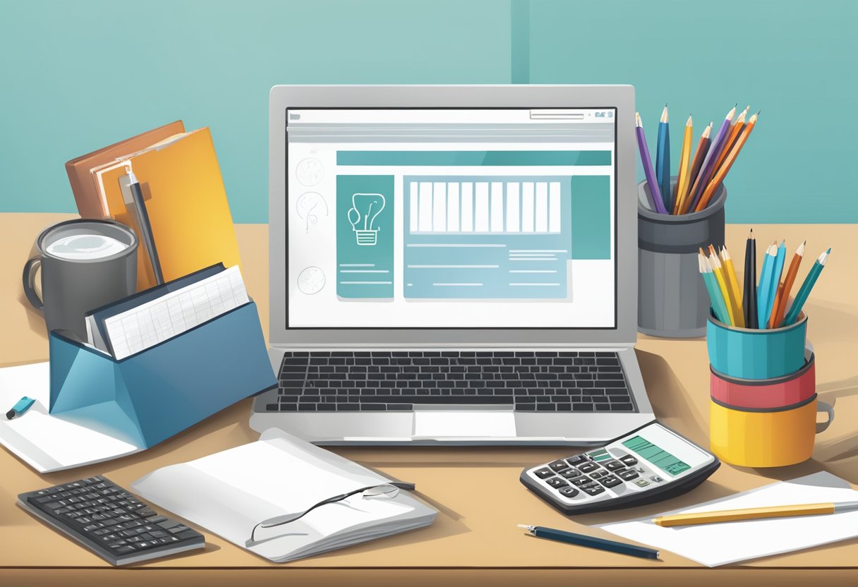 Corporate gifts displayed on a table with a sign reading "Frequently Asked Questions" surrounded by office supplies and a professional setting