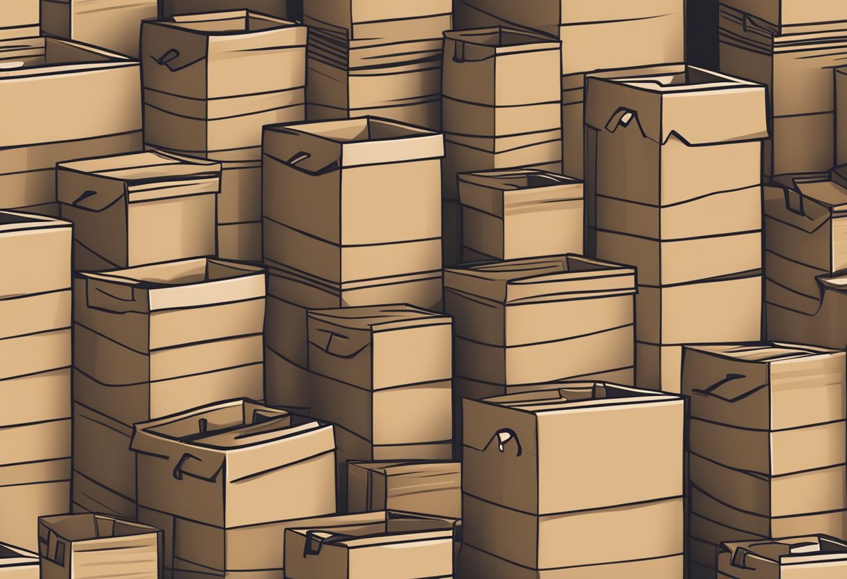 A stack of paper bags in various sizes and colors, with a focus on the texture and thickness of the materials. Labels indicating the quality and type of paper used