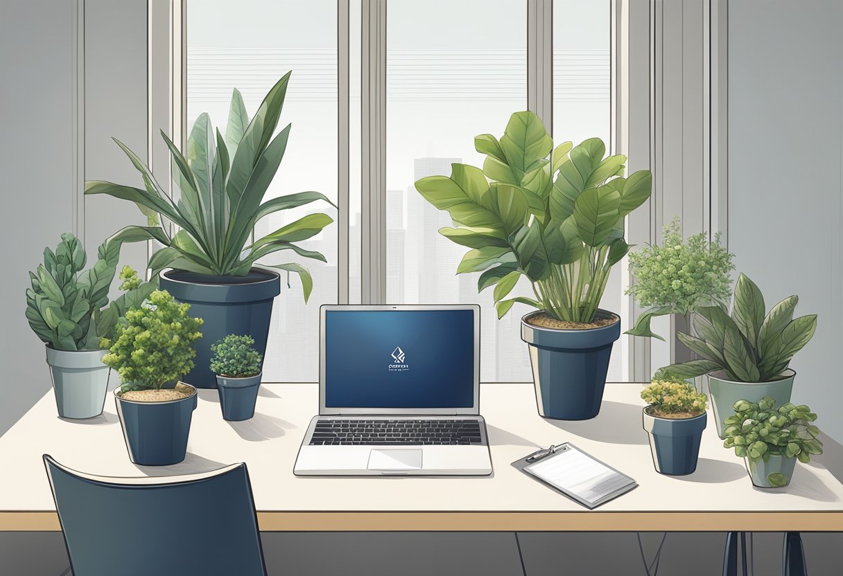 Several potted plants arranged on a sleek, modern desk with a corporate logo displayed on the pots. A ribbon and gift tag add a finishing touch
