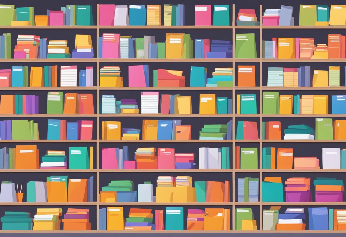 A crowded store shelf displays various colorful notebooks with price tags. Shoppers browse through the selection, comparing prices and designs