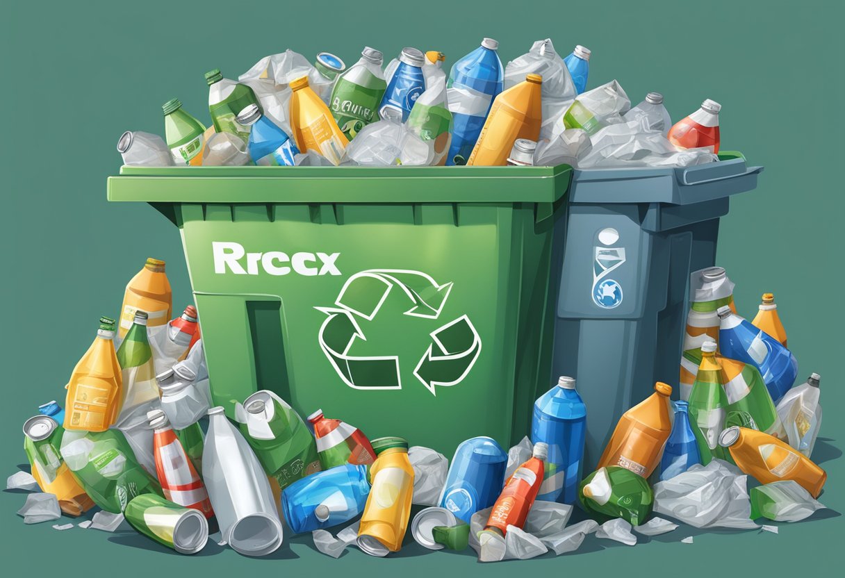 A recycling bag overflows with plastic bottles, paper, and aluminum cans, surrounded by a bin of sorted recyclables