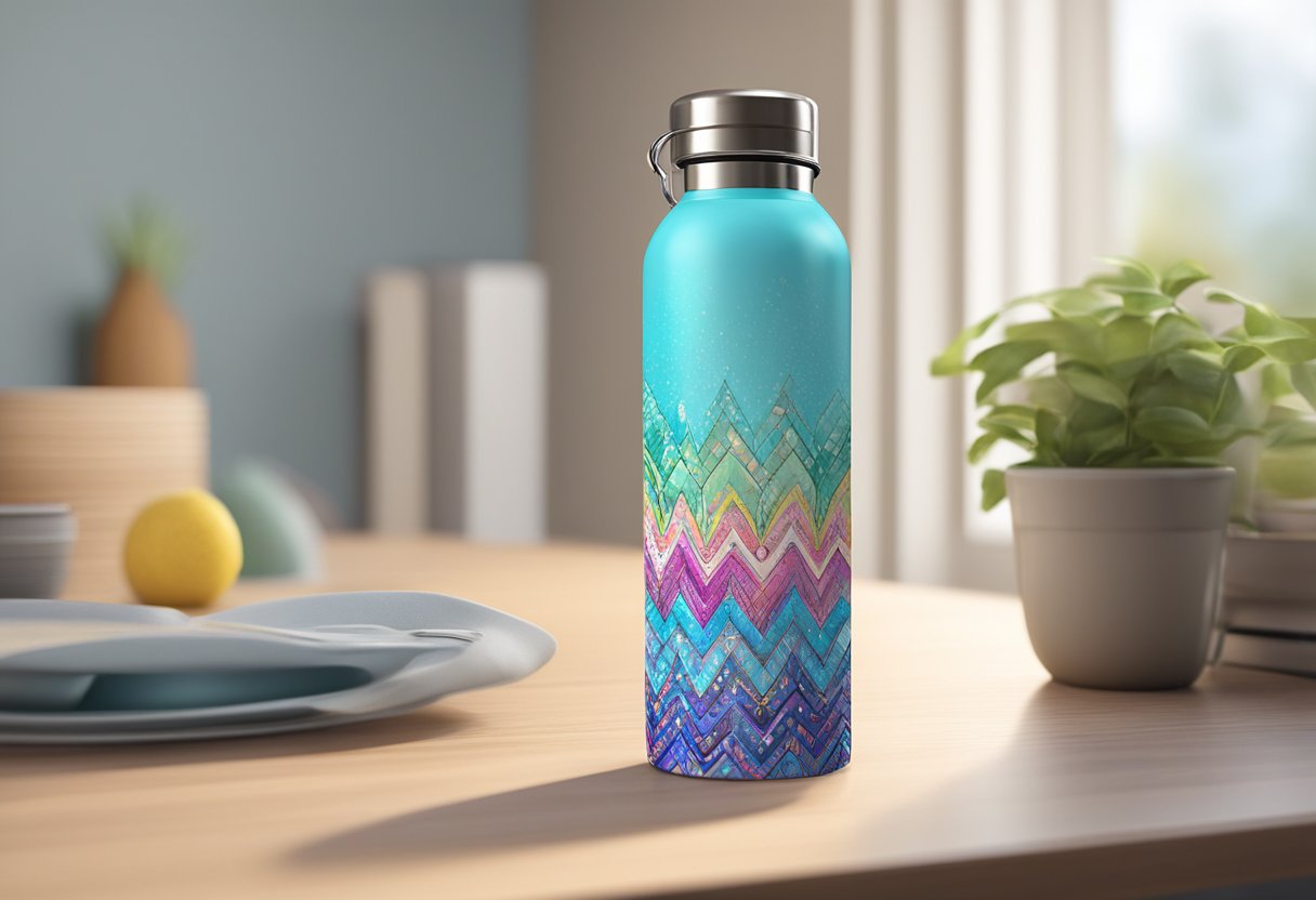 A customized water bottle sits on a table, adorned with a name and colorful design