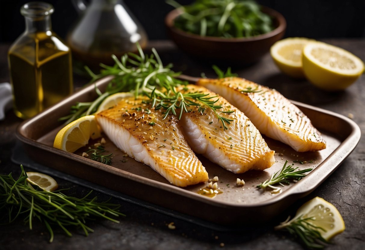 A golden-brown fish fillet sits on a baking tray surrounded by lemon slices and fresh herbs, with a light drizzle of olive oil