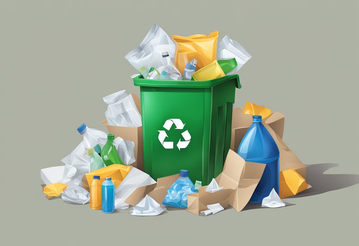 A recycling bag filled with paper, plastic, and glass items. A recycling symbol is visible on the bag