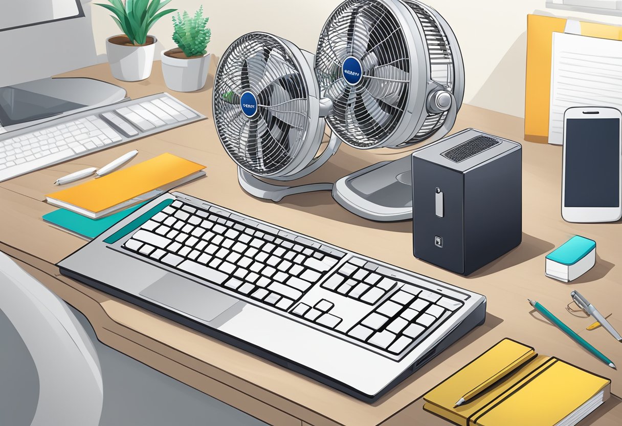 A portable fan with a corporate logo sits on a desk, surrounded by office supplies and a computer