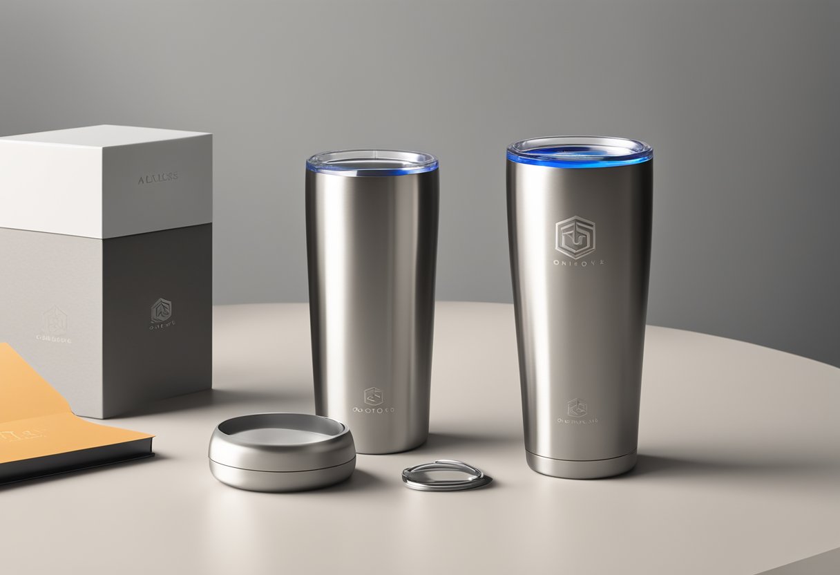 A sleek, stainless steel tumbler with the company logo engraved on the front, sitting on a clean, modern desk alongside a neatly packaged gift box