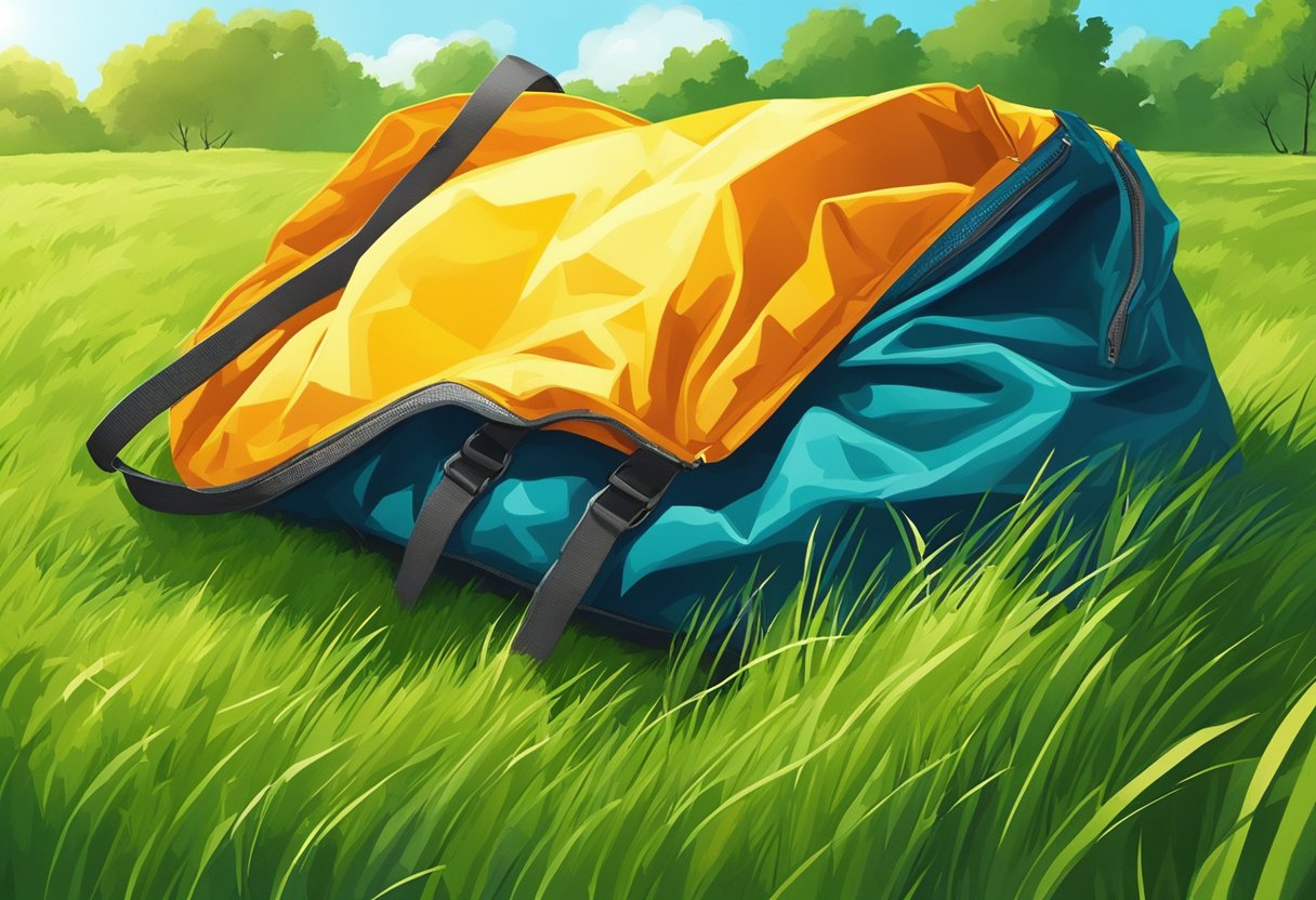 A ripstop nylon bag lays open on a grassy field, its vibrant color contrasting against the greenery. The sun shines through the fabric, casting a shadow on the ground