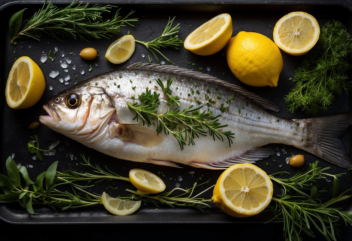 A whole fish lies on a baking tray, surrounded by slices of lemon, fresh herbs, and a drizzle of olive oil. The oven door is open, ready for the fish to be placed inside