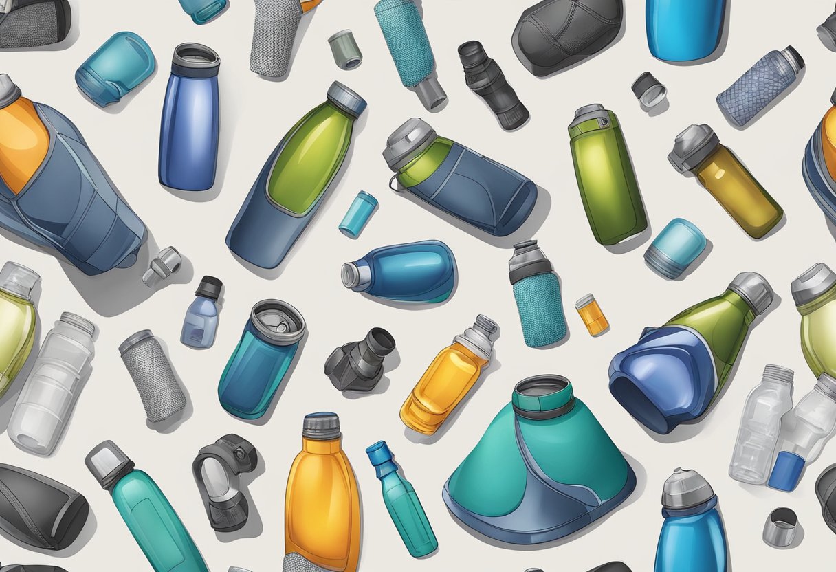 A stainless steel water bottle with a custom design, surrounded by various types of materials such as fabric, plastic, and glass