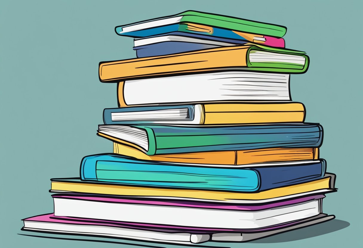 A stack of colorful notebooks displayed on a shelf with a sign reading "Frequently Asked Questions: Where to buy cheap notebooks" above them
