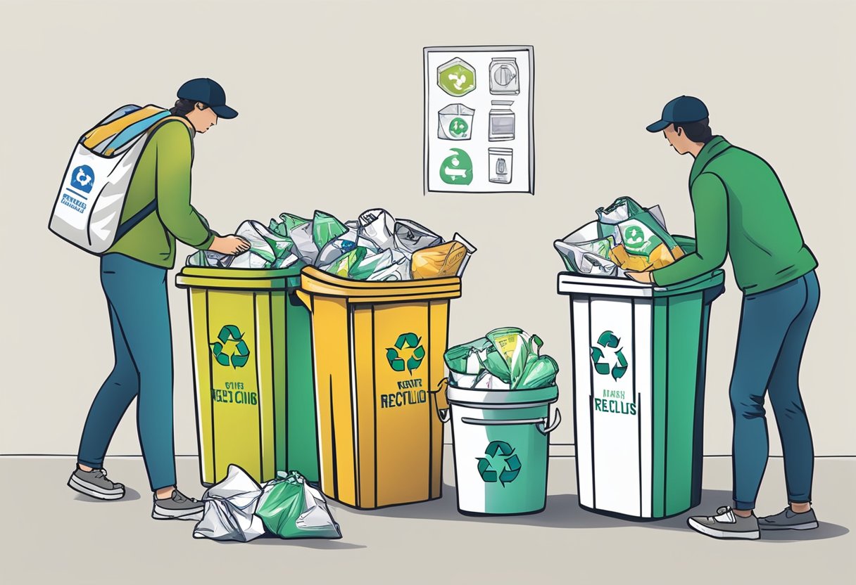 A person places recyclables into a labeled recycling bag, with other bins nearby