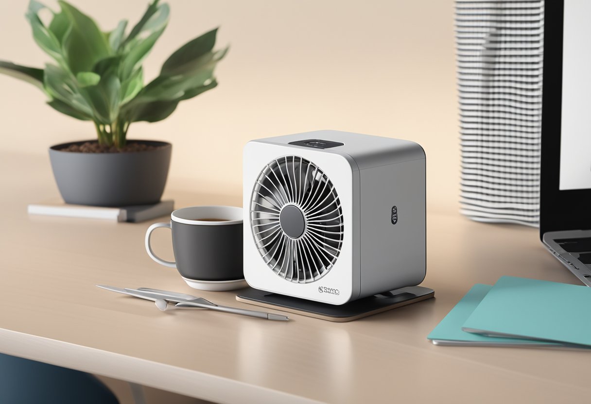 A portable fan with the company logo sits on a desk next to a laptop and a cup of coffee. The fan's compact size and sleek design make it an ideal corporate gift