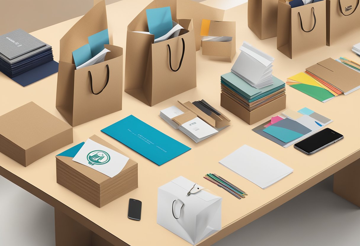 A table filled with various paper bag designs, logos, and color swatches, showcasing the customisation and branding opportunities offered by the supplier