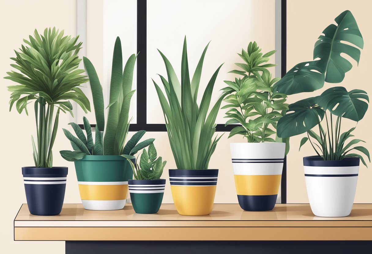 Potted plants arranged on a sleek, modern table with various customization and branding options displayed alongside for corporate gifting