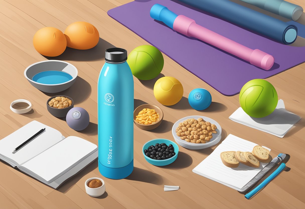 A table with branded water bottles, stress balls, and healthy snacks. A yoga mat and resistance bands in the background