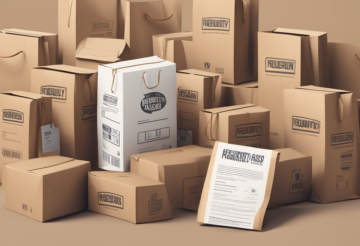 A stack of paper bags with "Frequently Asked Questions" printed on them, surrounded by various packaging materials and a shipping label