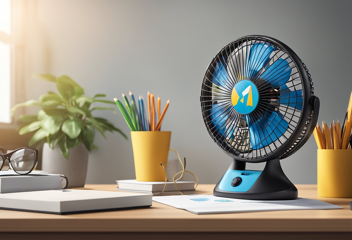 A portable fan with a company logo sits on a desk, providing a cool breeze. Recipients smile as they work comfortably