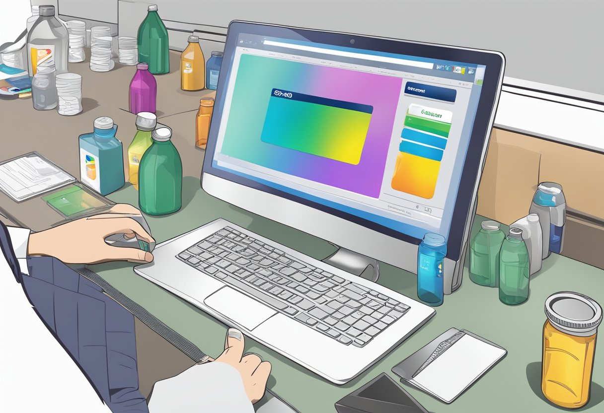 A customer selecting colors and adding a name to a water bottle on a computer screen, then proceeding to checkout with a credit card