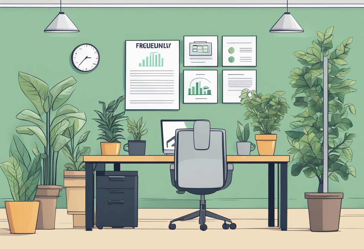 Several potted plants arranged on a sleek corporate desk with a sign reading "Frequently Asked Questions" for a business setting