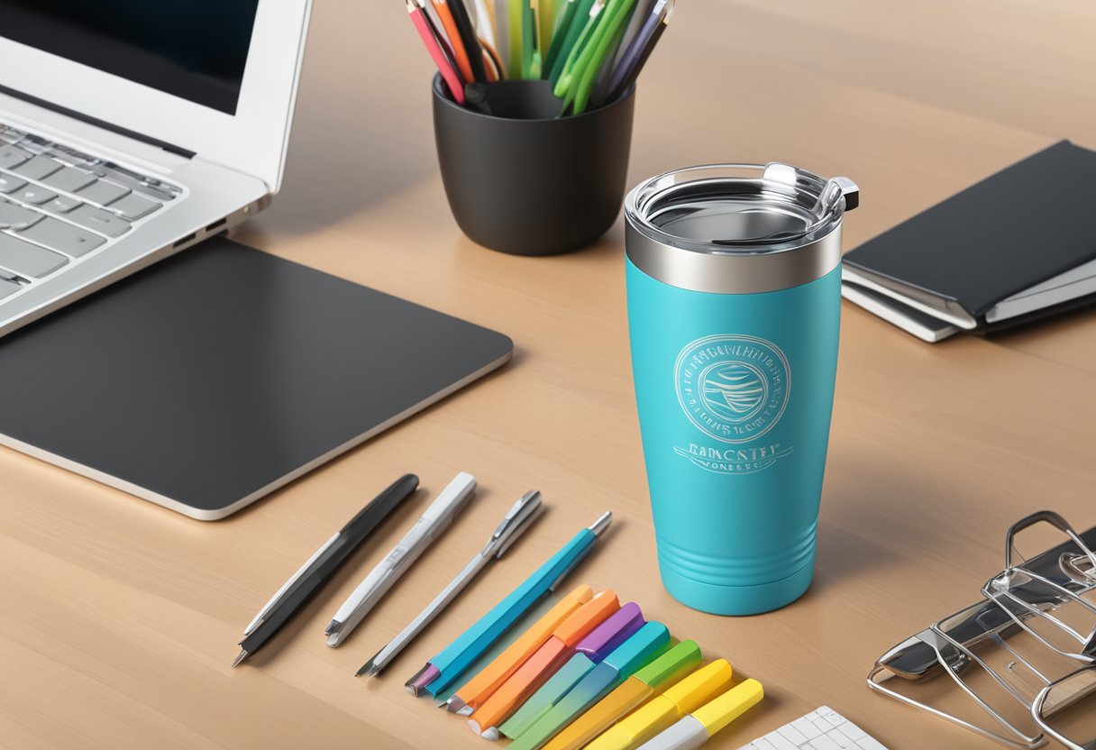 A personalized tumbler with a company logo sits on a desk surrounded by office supplies and a laptop, representing the practical and professional nature of corporate gifts