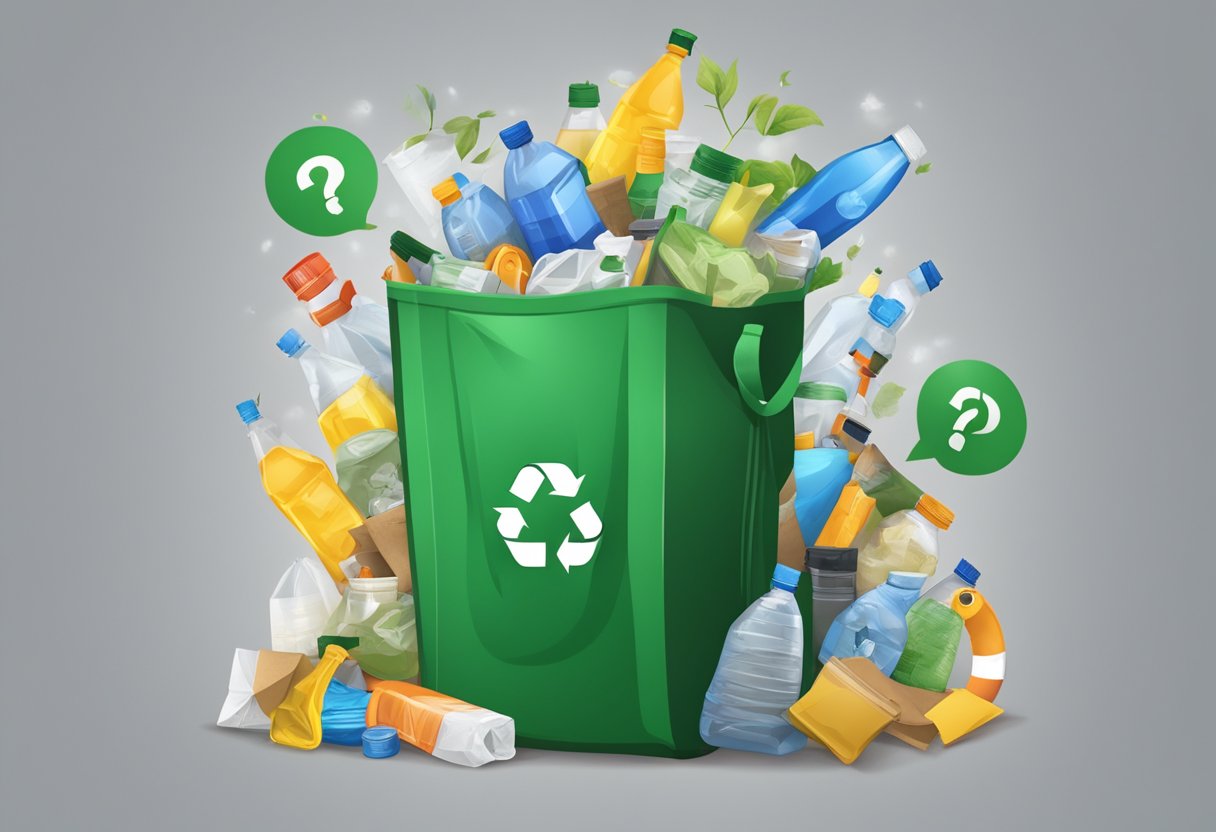 A recycling bag surrounded by various recyclable items and a question mark symbol
