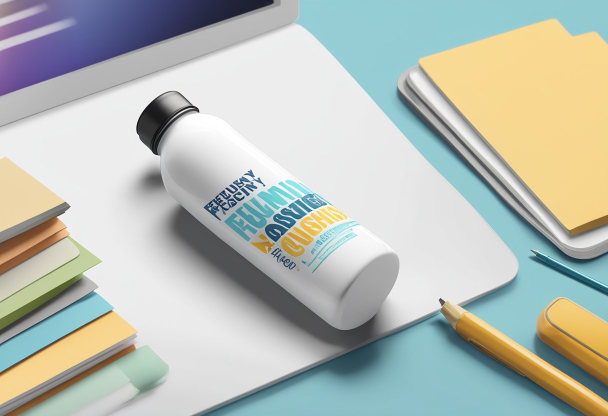 A custom water bottle with "Frequently Asked Questions" text and a unique design, placed on a desk with a laptop and a stack of papers