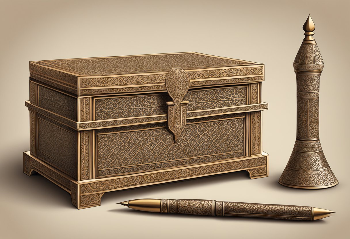 A wooden box with intricate Islamic designs, alongside a carved pen and elegant desk set