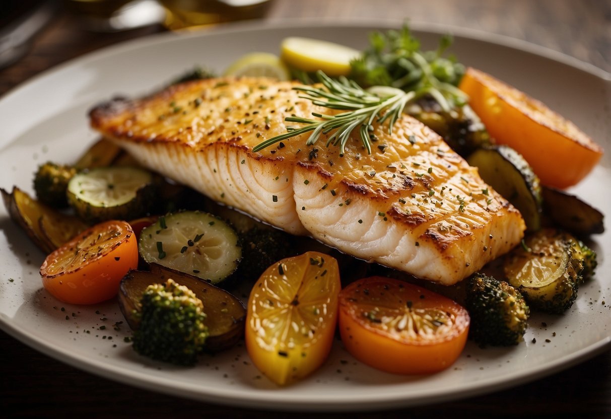 A golden-brown fish fillet sits on a bed of roasted vegetables, steam rising from the dish. A hand reaches for a garnish of fresh herbs