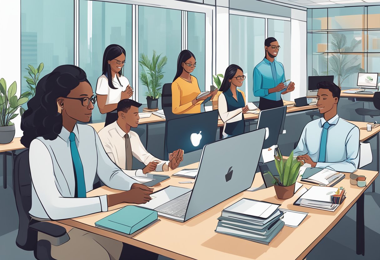 A diverse group of employees receiving thoughtful wellness gifts at their desks in a modern office setting