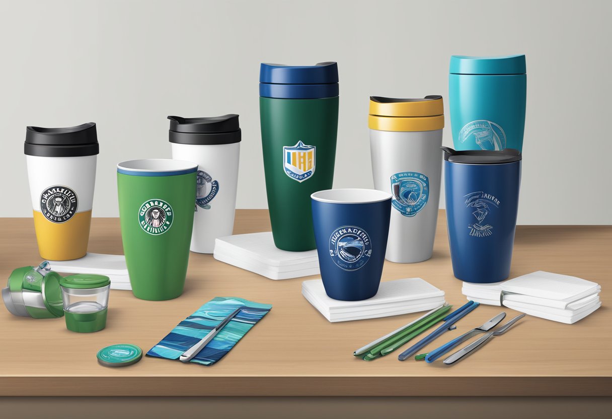 A table with various tumbler designs and customization options displayed, including logos, colors, and materials for corporate gifting