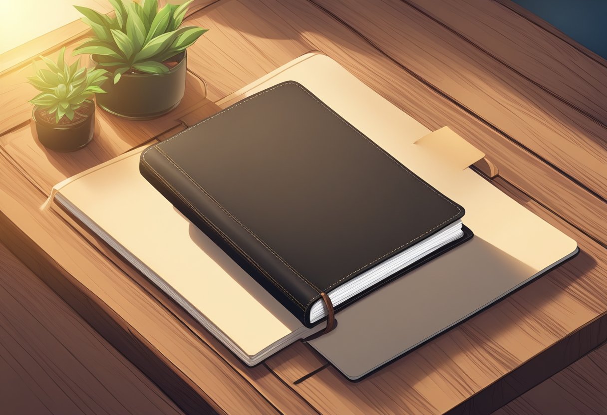 A high quality leather notebook lies open on a wooden desk, sunlight filtering through a nearby window, casting a soft glow on its smooth surface
