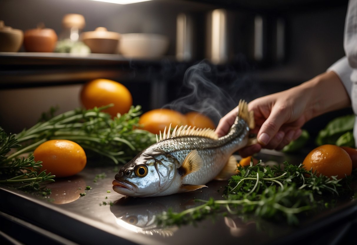 A fish being placed in the oven, surrounded by herbs and spices, with a timer set and a delicious aroma wafting through the kitchen