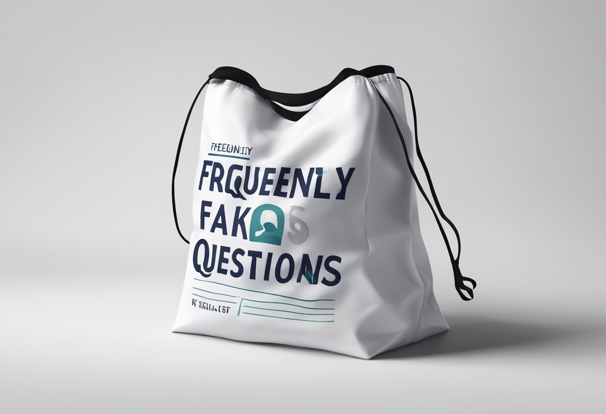 A ripstop nylon bag with "Frequently Asked Questions" printed on it, sitting on a clean white surface with a light shadow