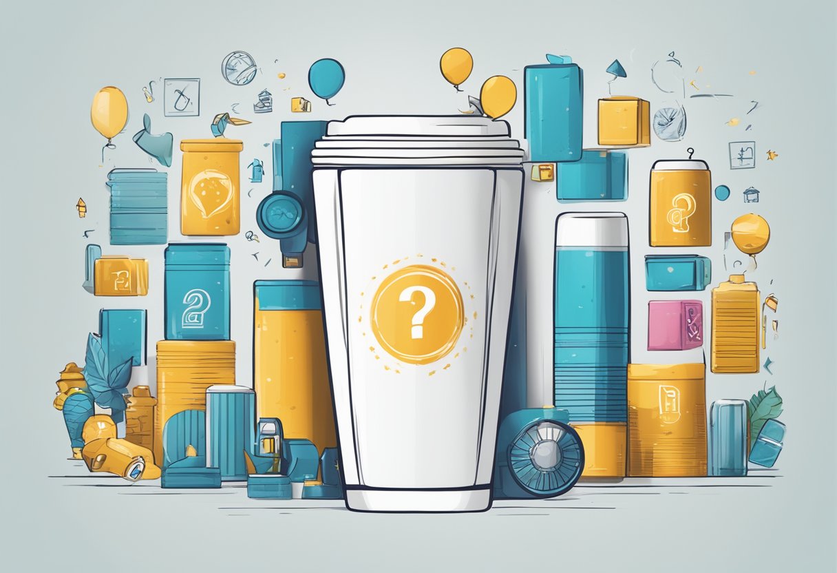 A personalized tumbler with "Frequently Asked Questions" logo, surrounded by corporate symbols and gifts