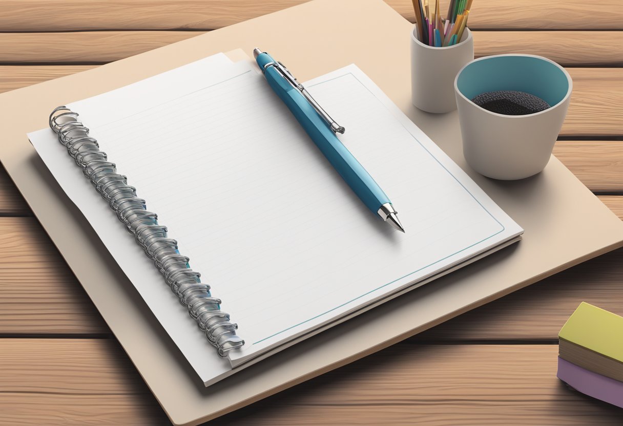 A custom A5 notepad lies open on a wooden desk, with a pen resting on top ready to write