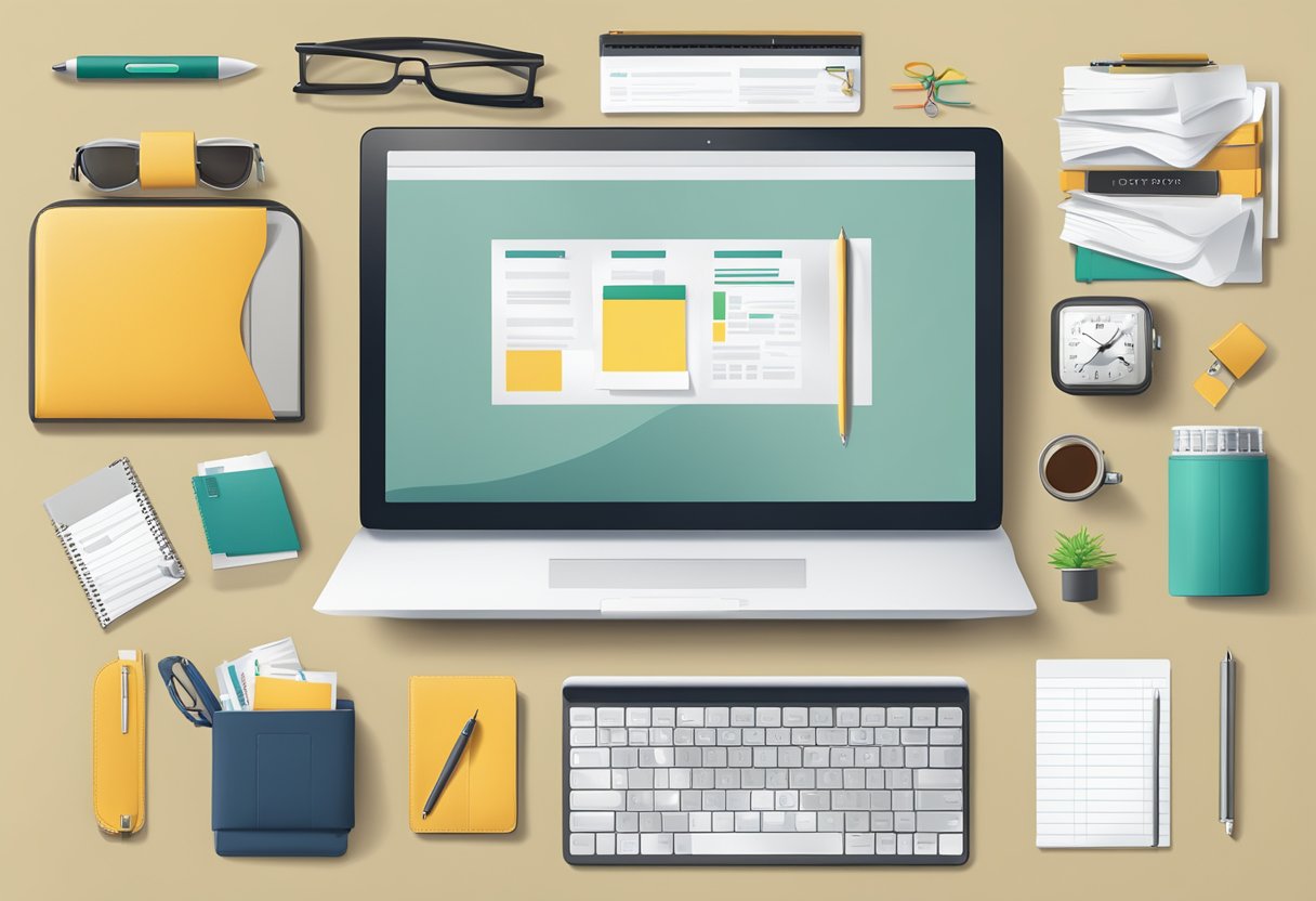 A table with branded corporate gifts neatly arranged, surrounded by office supplies and a laptop