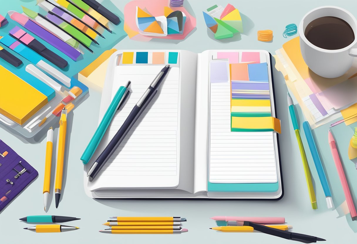 A custom A5 notepad with colorful cover designs lies open on a desk, surrounded by pens, pencils, and other stationery supplies